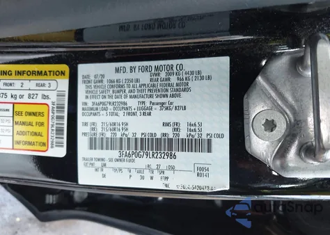 2020 Ford Fusion S z USA, uszkodzony, nr VIN 3FA6P0G79LR232986